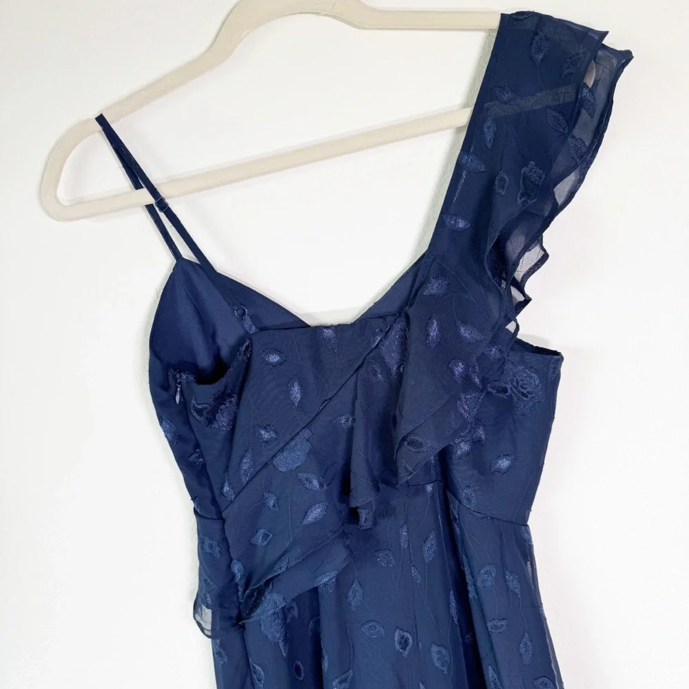 Lulus Forever‎ Be Navy Floral Jacquard Ruffled One Shoulder Maxi Dress XS